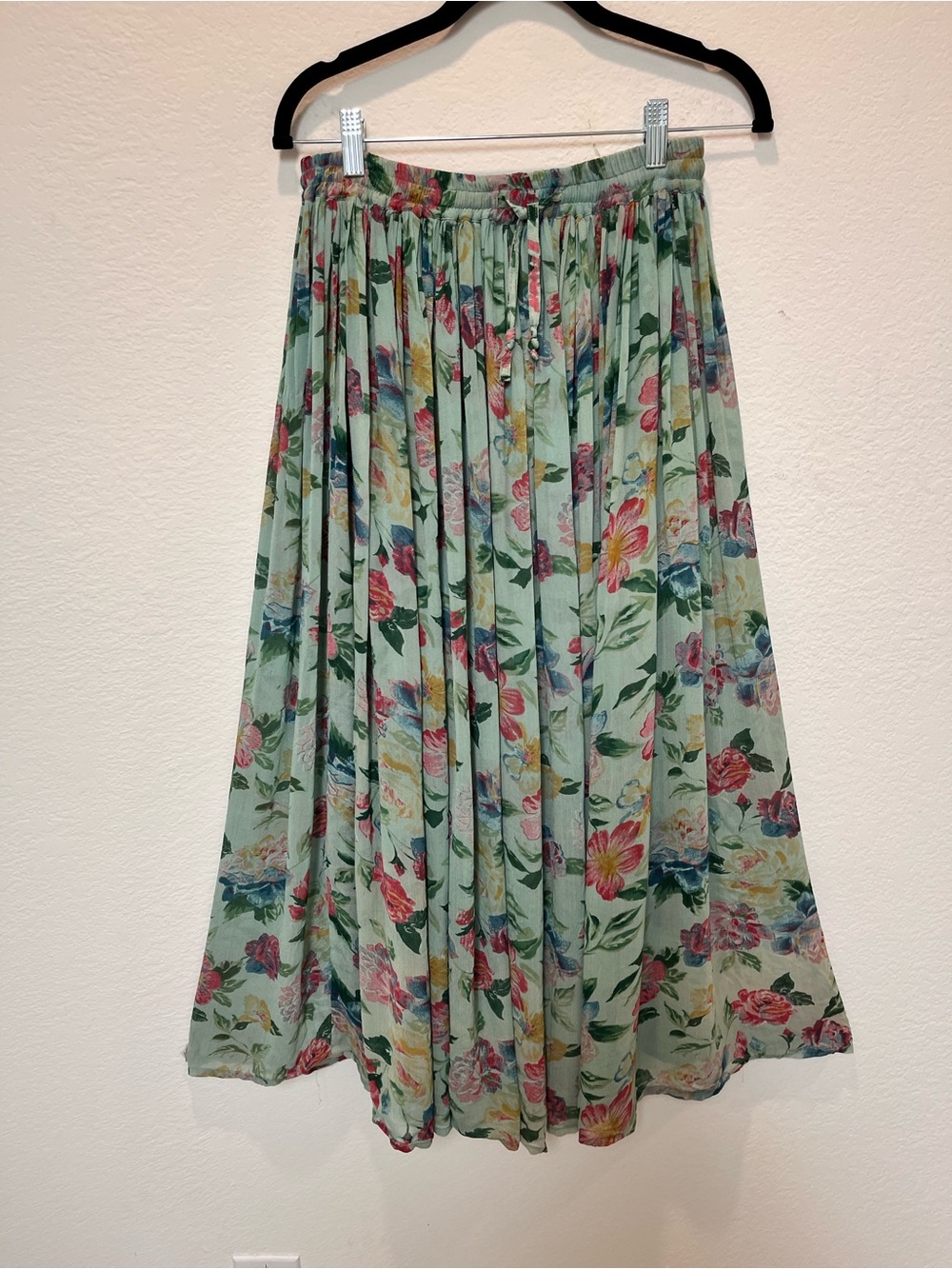 Mint Floral Pleated Midi /Maxi Skirt with Elastic Waistband
